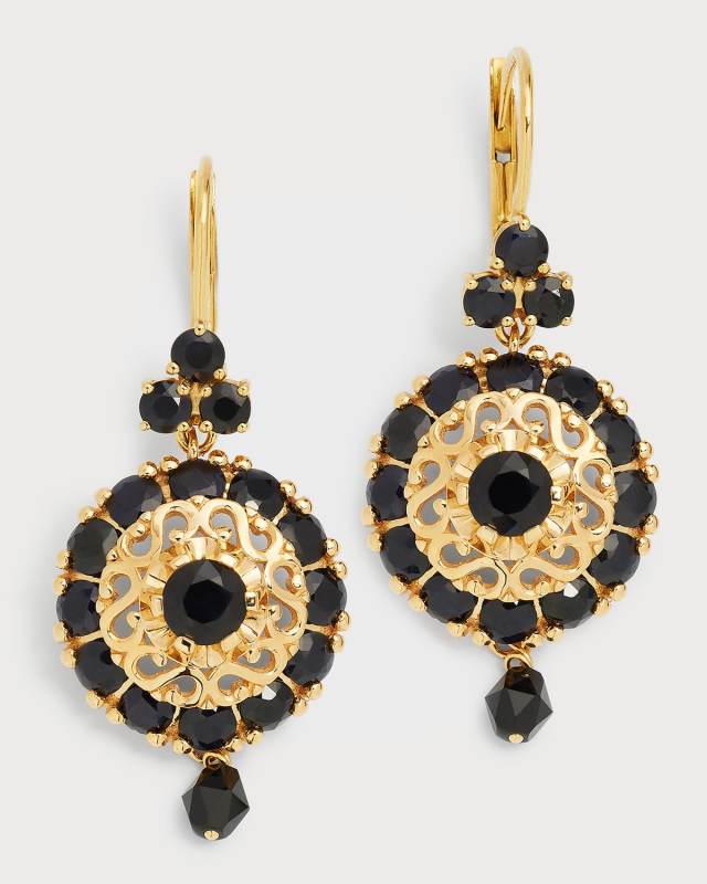 18K Yellow Gold Clover Black Sapphire and Black Jade Earrings
